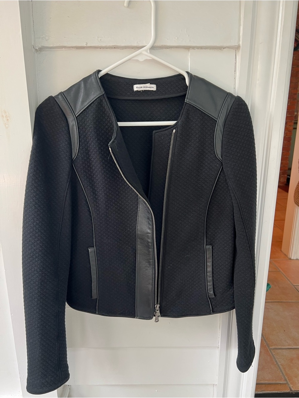 Club Monaco Black Quilted Jacket with Faux Leather Trim